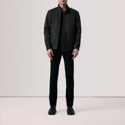Olive Waxed Cotton Canvas Bomber Jacket - Vue de dos avec coupe ajustée aux épaules &amp; ourlet soigné