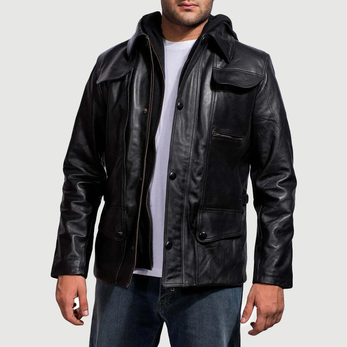 Black Cowhide Leather Hooded Jacket - Vue de dos avec coupe ajustée aux épaules &amp; ourlet soigné