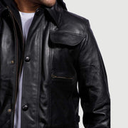 Men's Moulder Hooded Noir Veste en Cuir pour Homme - Vue de profil avec coupe de manche ergonomique