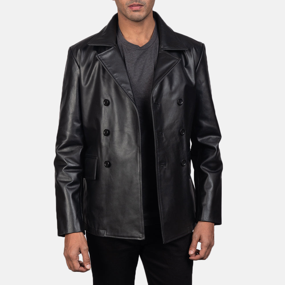 
Vue détaillée of Notch & Buttons Hardware on Mr. Bailey Noir Leather Naval Peacoat pour Homme