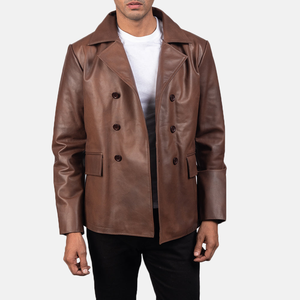 Vue détaillée of Notch &amp; Buttons Hardware on Mr. Bailey Marron Leather Naval Peacoat pour Homme