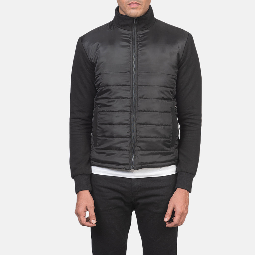 Vue détaillée of High Neck &amp; Zipper with wind flap Hardware on Men's Nashville Matelassé Noir Windbreaker Veste en Cuir pour Homme