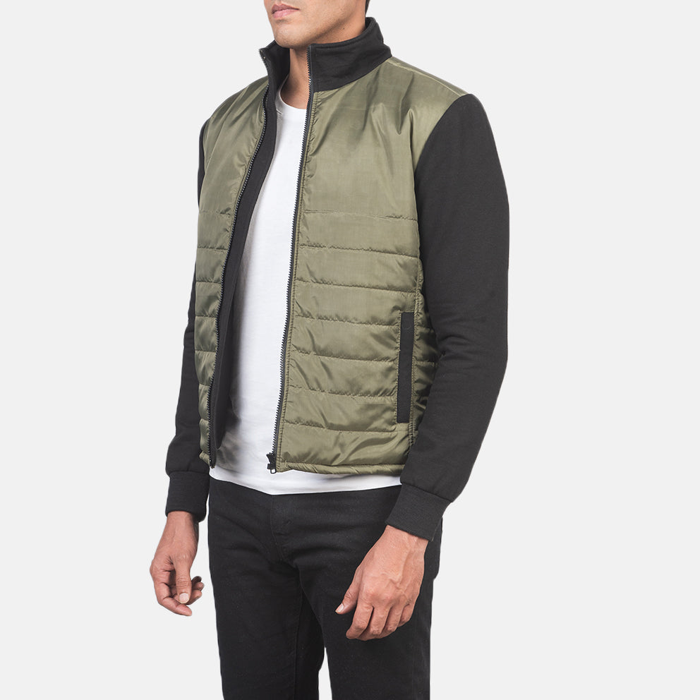 
Green & Black Nylon (Torso) &Amp; Knitted Fabric (Sleeves) Winter Jacket - Vue arrière montrant la carrure ajustée et l'ourlet net