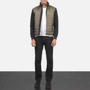 
Nashville Matelassé Vert Windbreaker Veste en Cuir pour Homme - Vue de profil mettant en valeur la coupe de manche ergonomique