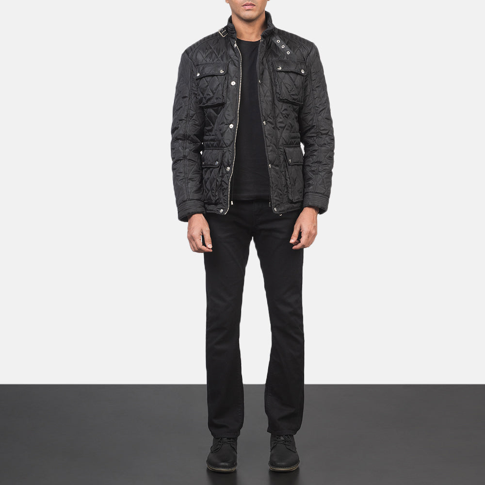 
Nelson Matelassé Noir Windbreaker Veste en Cuir pour Homme - Vue de profil mettant en valeur la coupe de manche ergonomique