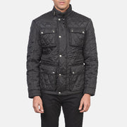 
Vue détaillée of Belted Band & Zipper with Front Button Flap Hardware on Nelson Matelassé Noir Windbreaker Veste en Cuir pour Homme