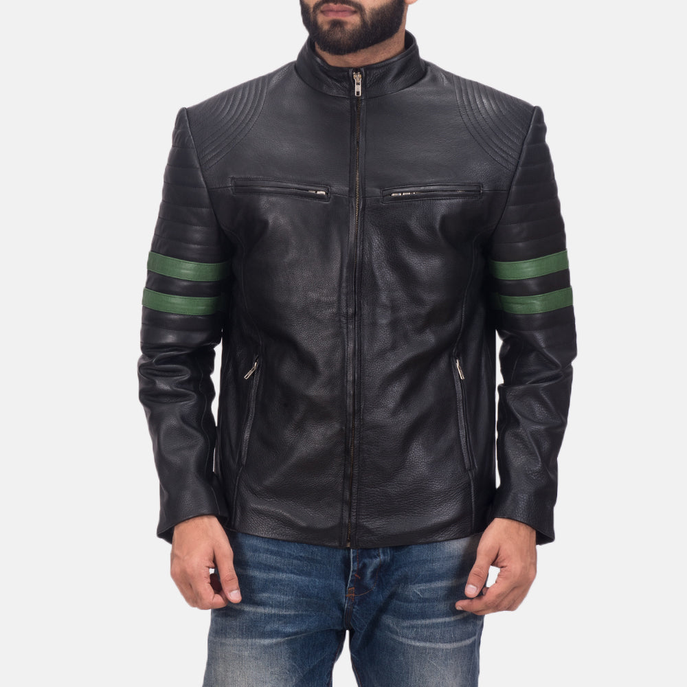 Night Trooper Veste en Cuir pour Homme in Black Cowhide Leather - Vue de face &amp; silhouette ajustée | Acheter en ligne