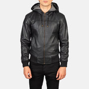 
Vue détaillée of Hooded & Zipper Hardware on Nintenzo Black Hooded Leather Jacket