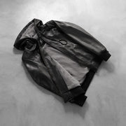 
Perspective portée de Nintenzo Black Hooded Leather Jacket sur modèle - Tombé naturel à la lumière du jour