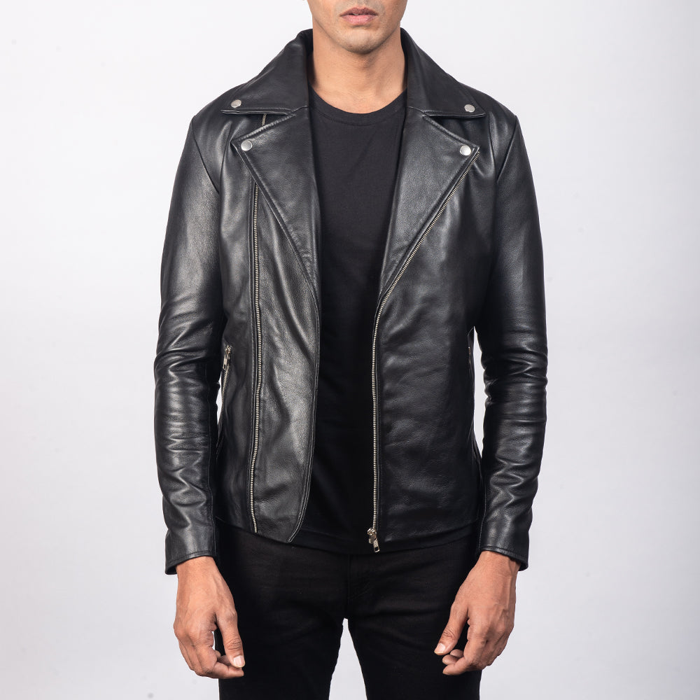Men's Noah Black Leather Biker Jacket in Black Sheepskin Leather - Vue de face &amp; silhouette ajustée | Acheter en ligne
