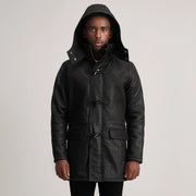 Vue détaillée of Band collar &amp; Zipper with Toggle button Hardware on Nolan Black Snuffed Leather Duffle Coat