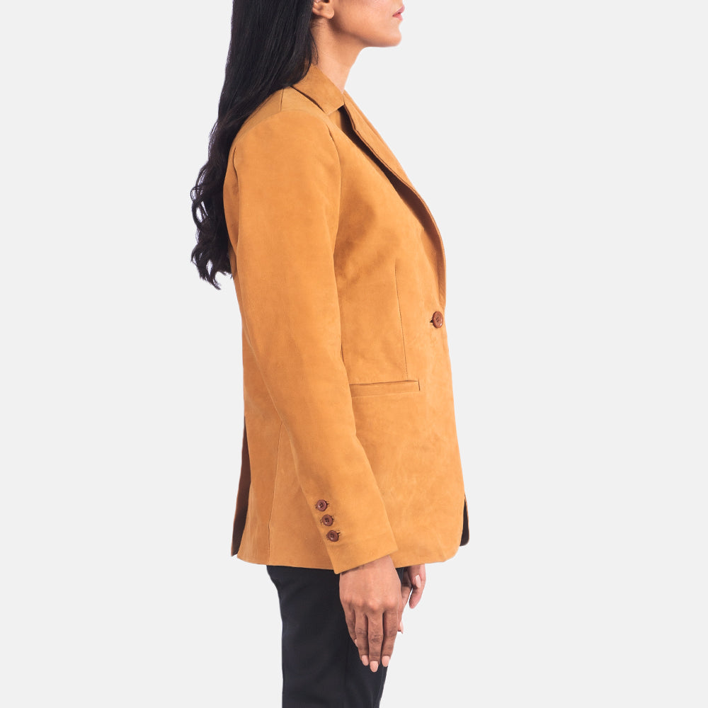 Brown Cowhide Nubuck Leather Blazer - Vue de dos avec coupe ajustée aux épaules &amp; ourlet soigné