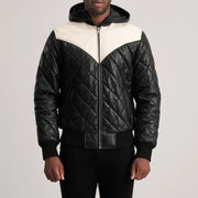 Vue détaillée of Hooded &amp; Zipper Hardware on Norman Tan Hooded Bomber Leather Puffer Jacket