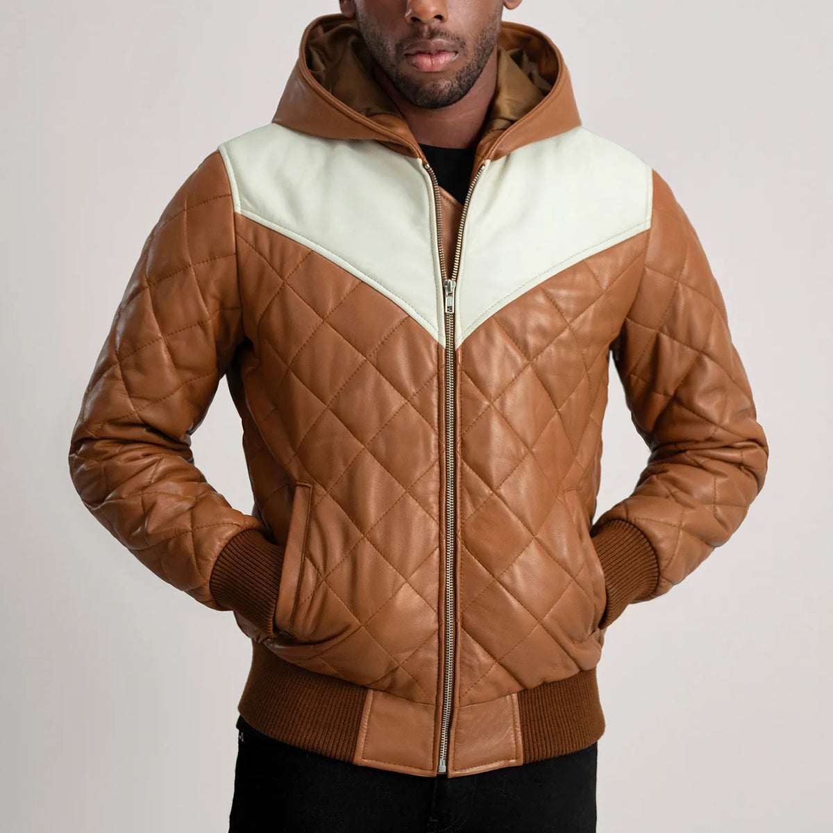 Norman Veste en Cuir Camel Puffer Veste en Cuir pour Homme – Vue produit alternative 4