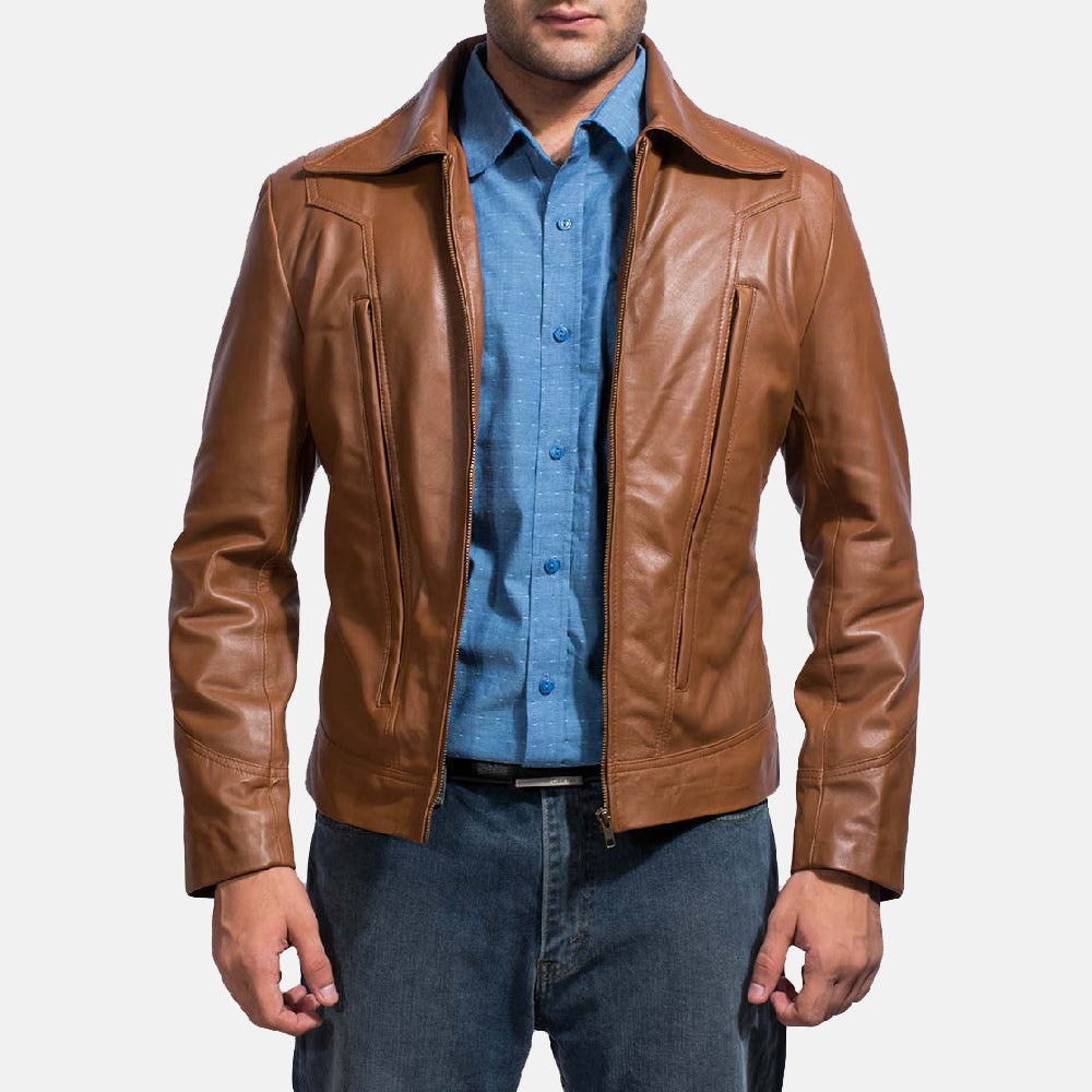 Old School Marron Veste en Cuir pour Homme in Brown Sheepskin Leather - Vue de face &amp; silhouette ajustée | Acheter en ligne