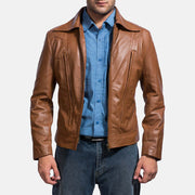 Old School Marron Veste en Cuir pour Homme in Brown Sheepskin Leather - Vue de face &amp; silhouette ajustée | Acheter en ligne