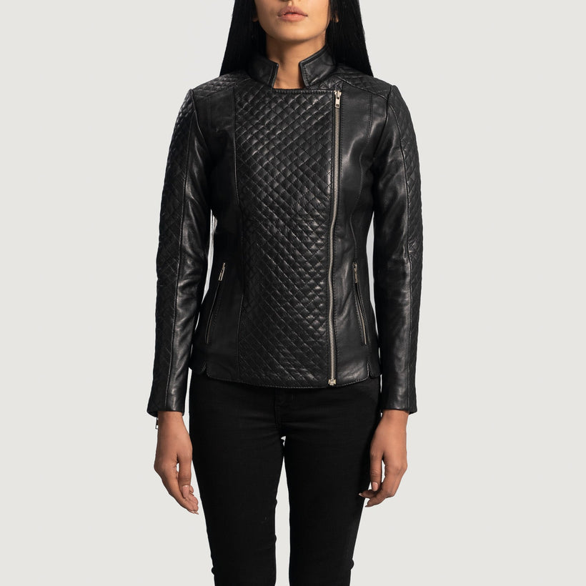 Orient Grain Matelassé Noir Veste Motard en Cuir pour Femme