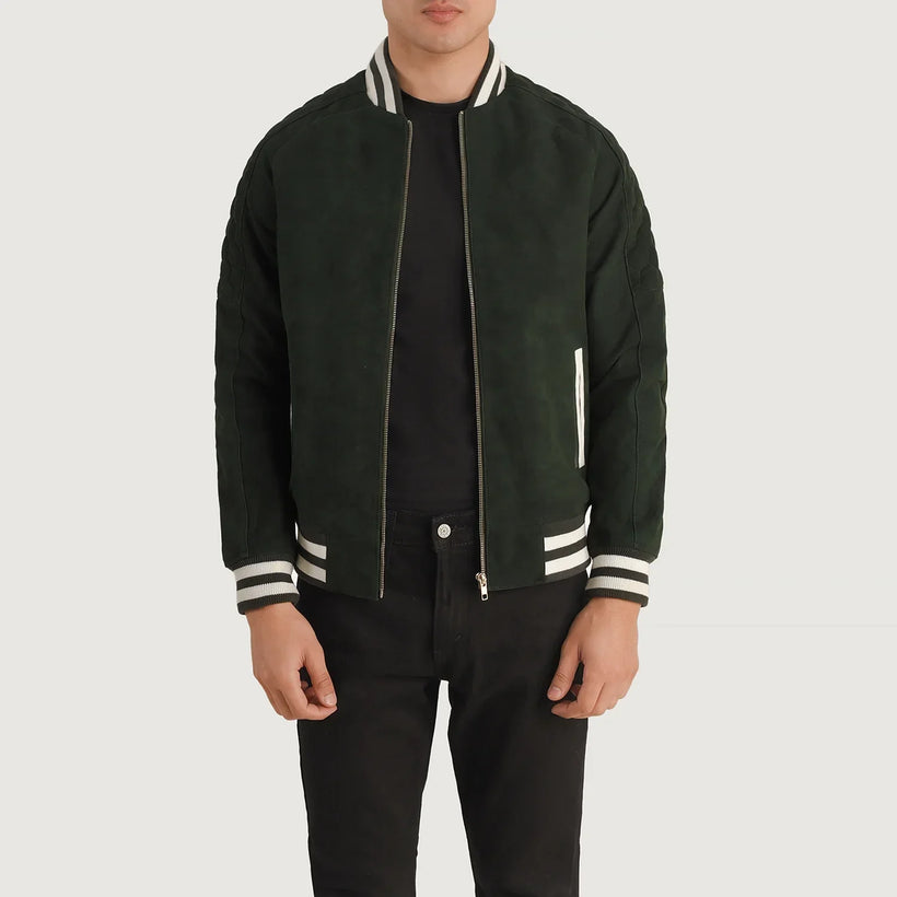 Pascal Vert Suede Varsity Veste en Cuir pour Homme