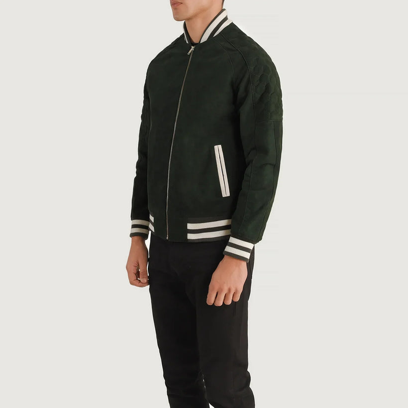 Pascal Vert Suede Varsity Veste en Cuir pour Homme