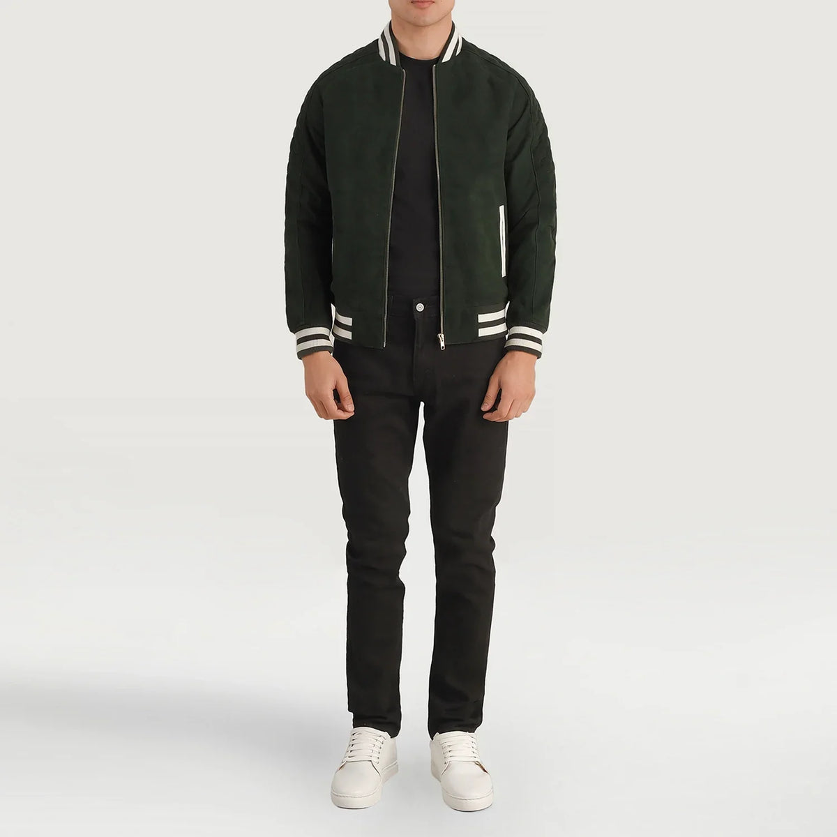 
Pascal Vert Suede Varsity Veste en Cuir pour Homme - Vue de profil mettant en valeur la coupe de manche ergonomique