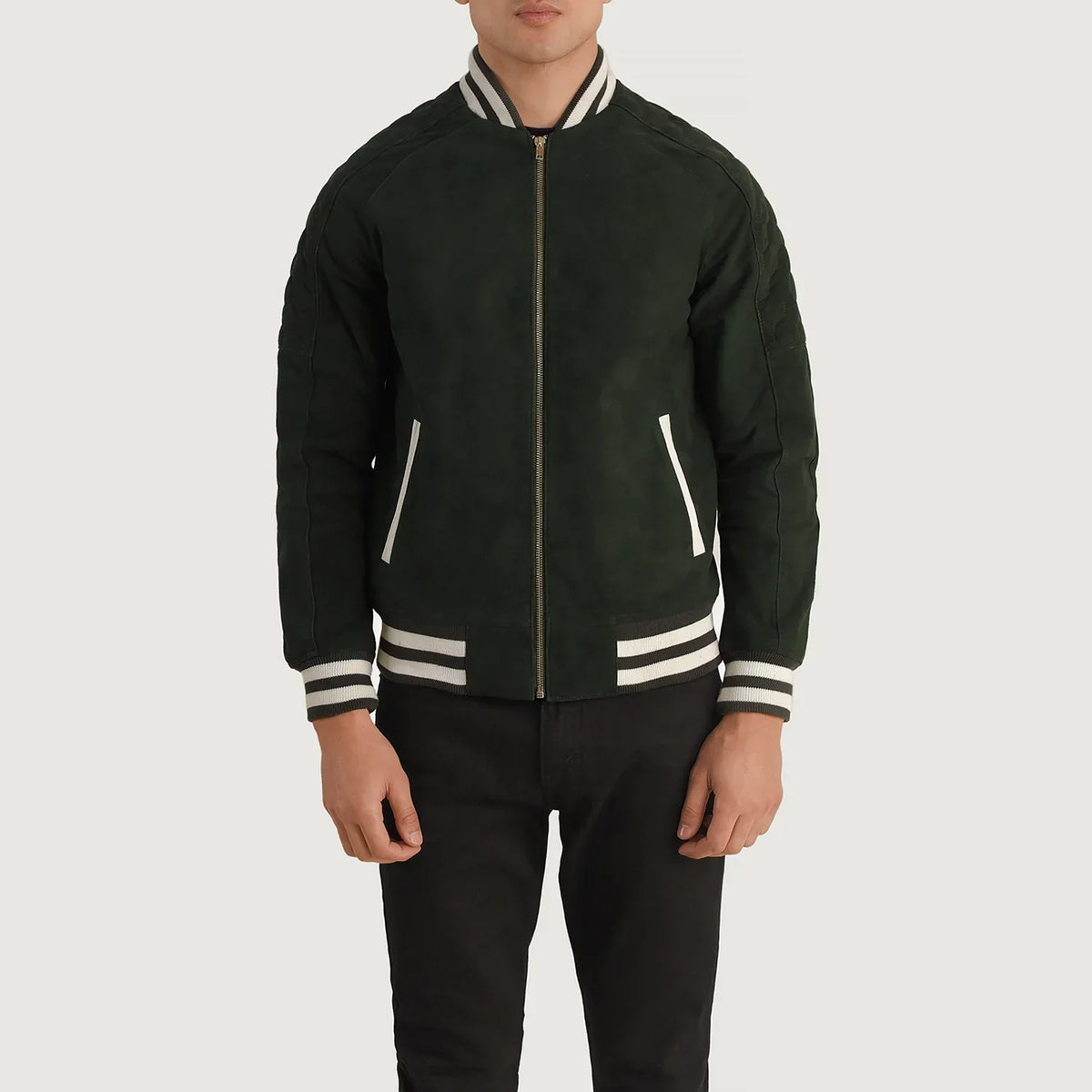 
Vue détaillée of Varsity collar & Zipper Hardware on Pascal Vert Suede Varsity Veste en Cuir pour Homme