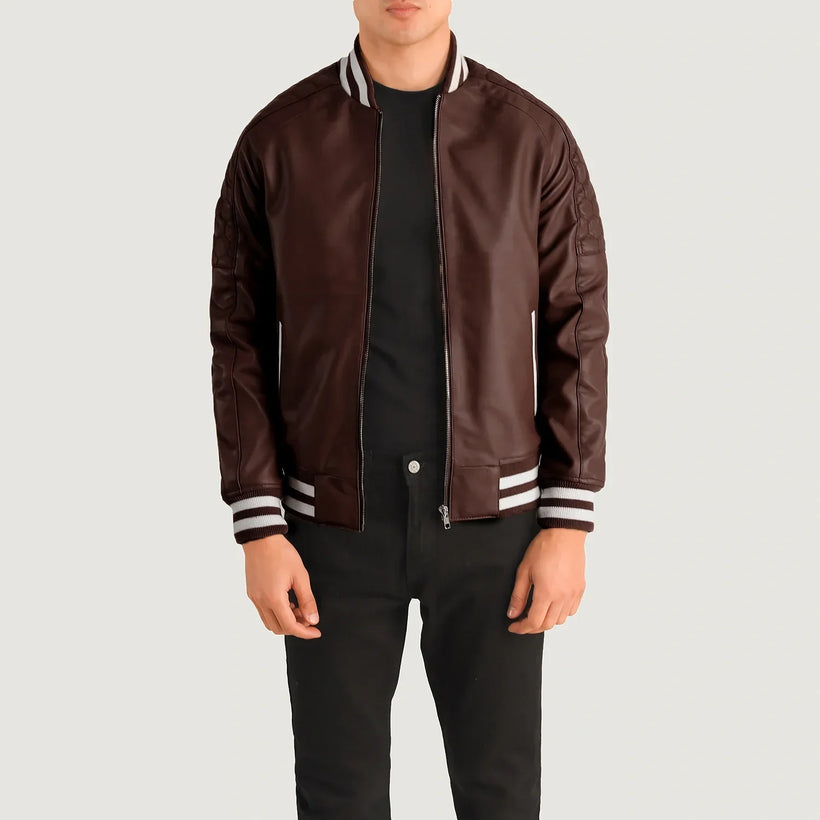 Pascal Bordeaux Leather Varsity Veste en Cuir pour Homme