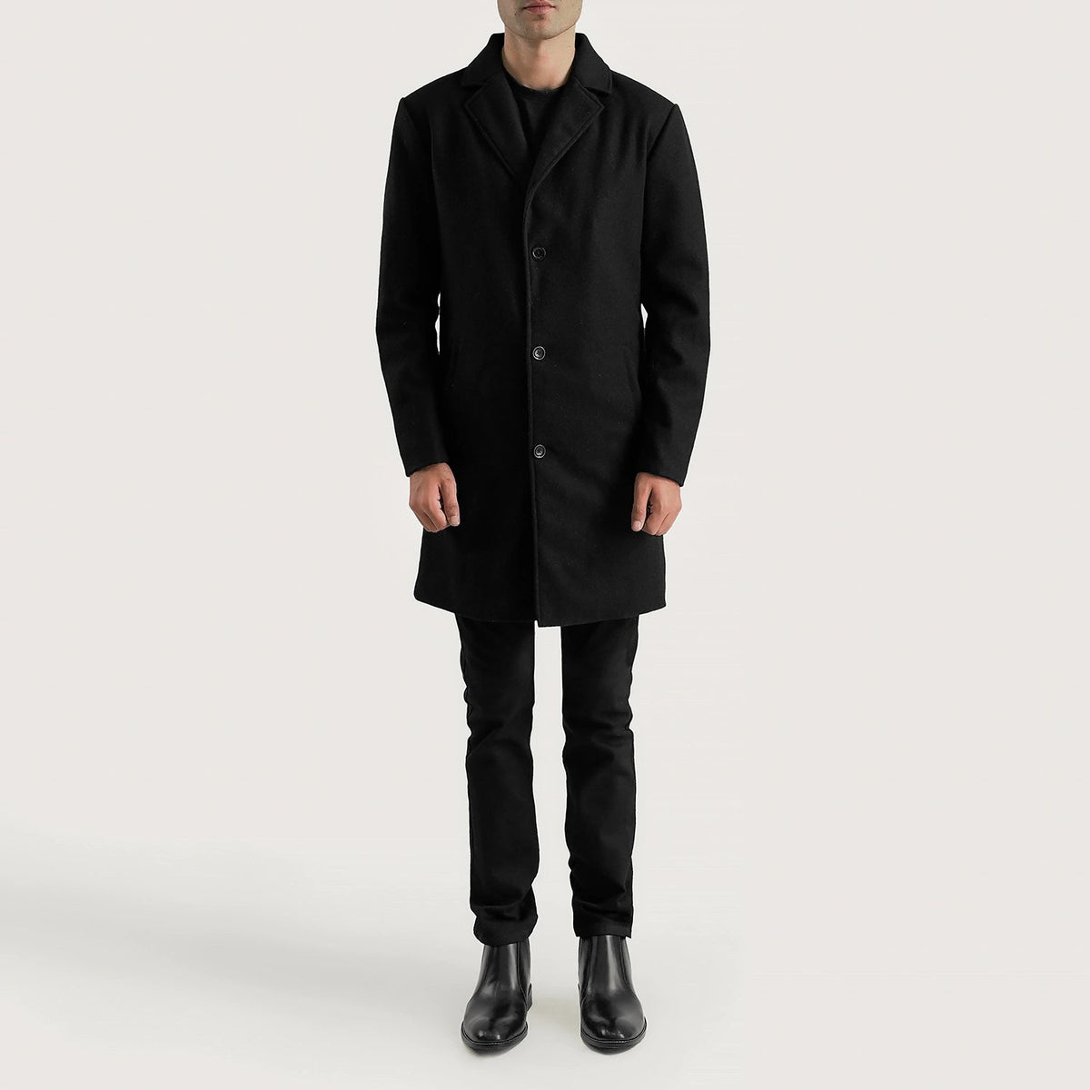 Petrillo Noir Wool Single Breasted Manteau en Cuir pour Homme - Vue de profil avec coupe de manche ergonomique