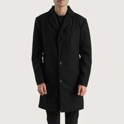 Vue détaillée of Notch &amp; Button Hardware on Petrillo Noir Wool Single Breasted Manteau en Cuir pour Homme
