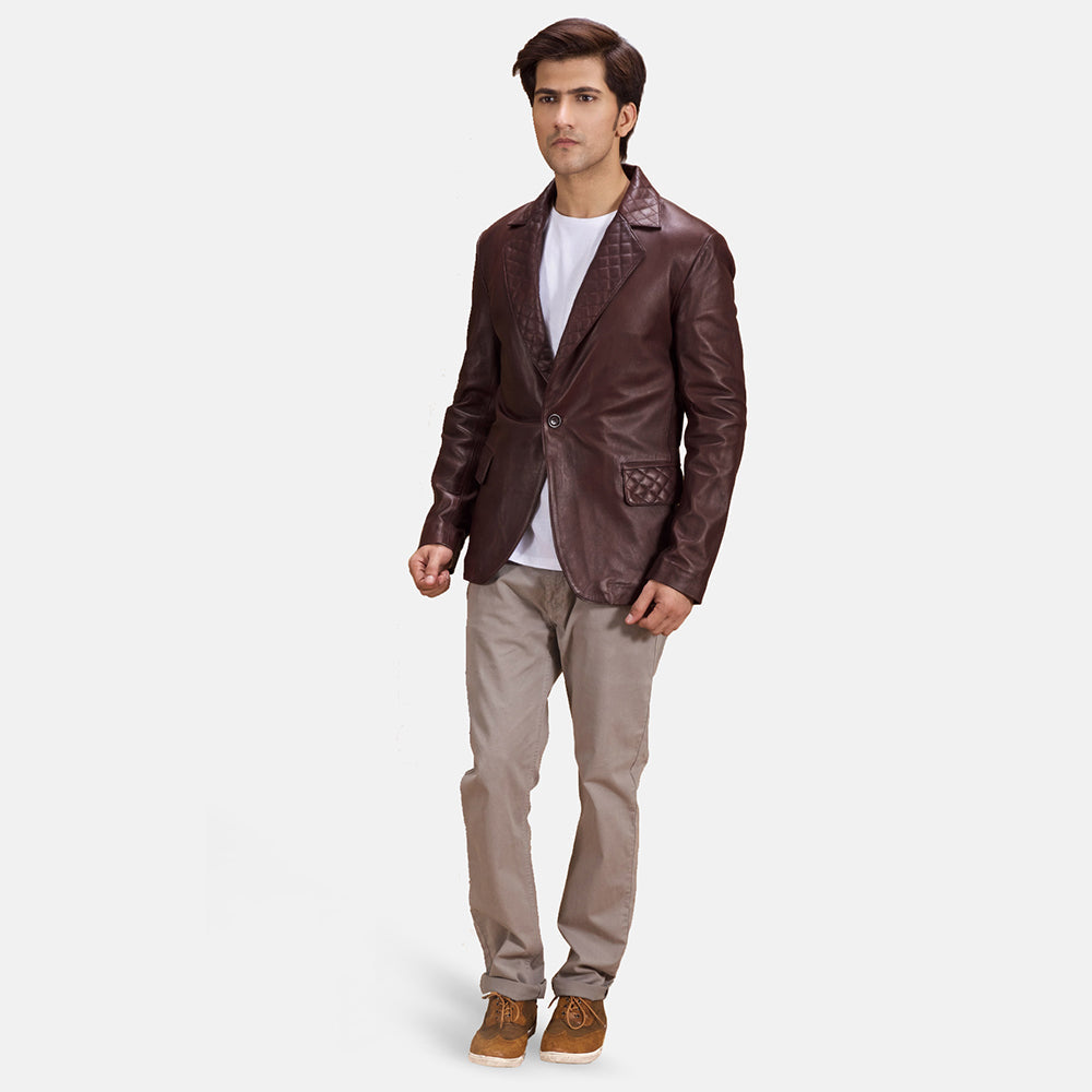 Radaron Quilted Maroon Leather Blazer - Lateral Side Profile View Showing Sleeve Cut & Athletic Taper Fit
