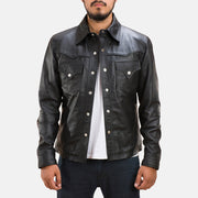 Men's Ranchson Noir Leather Shirt pour Homme in Black Sheepskin Leather - Vue de face &amp; silhouette ajustée | Acheter en ligne