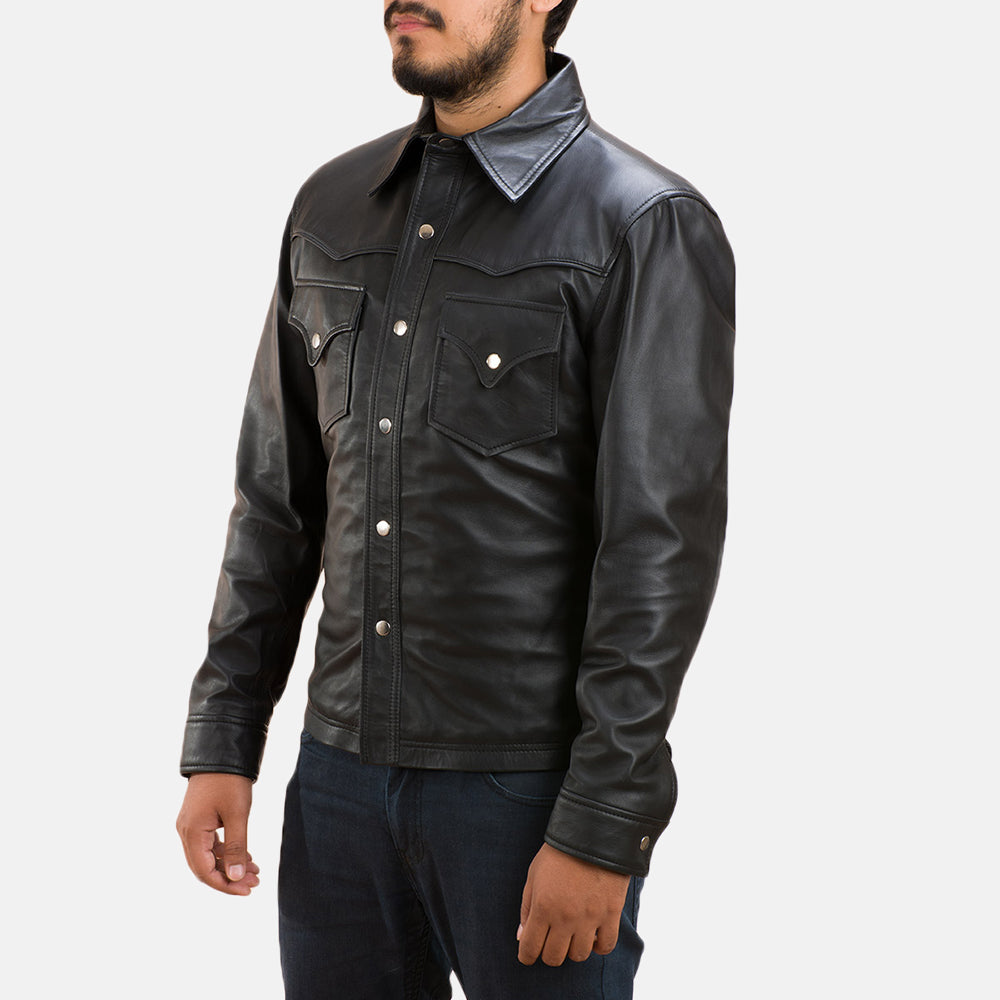 Men's Ranchson Noir Leather Shirt pour Homme - Vue de profil avec coupe de manche ergonomique