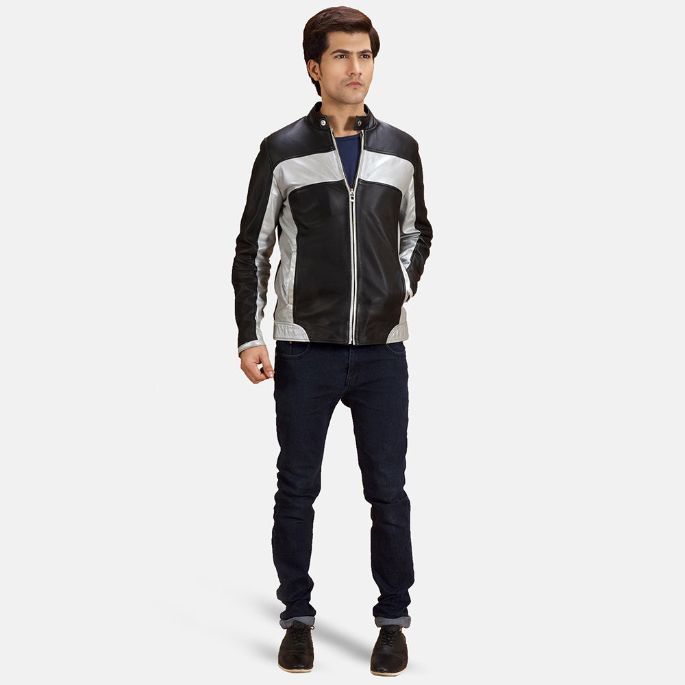Vue détaillée of Band with snap button &amp; Zipper Hardware on Randolf Silver Noir Veste Motard en Cuir pour Homme