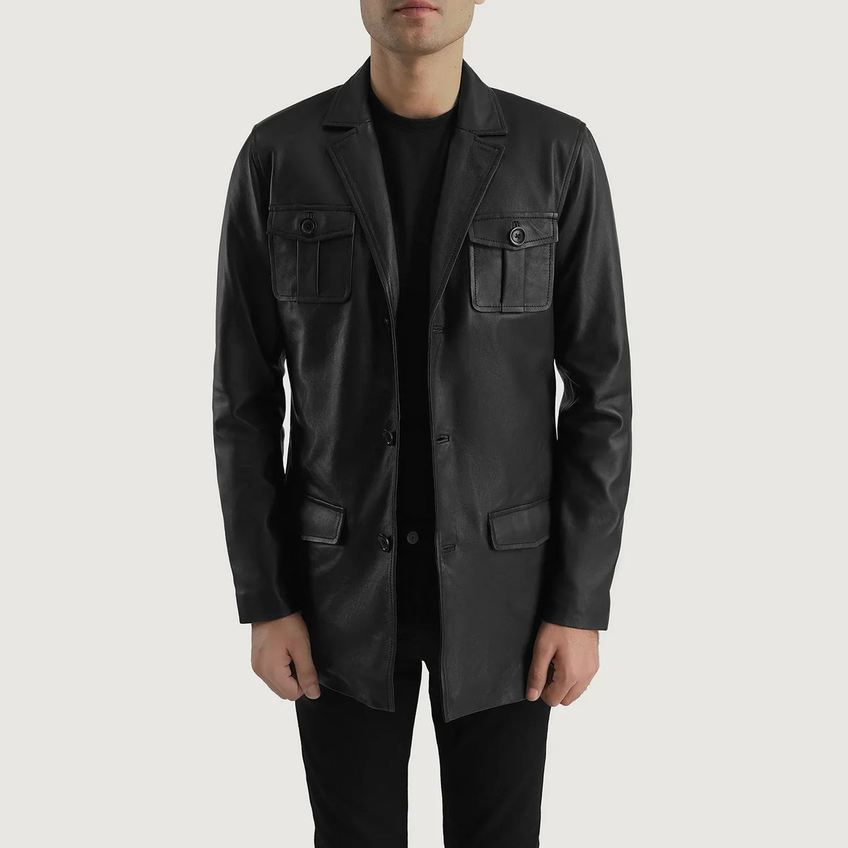 Ray Cutler Black Leather Blazer in Black Sheepskin Leather - Vue de face &amp; silhouette ajustée | Acheter en ligne