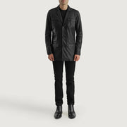 Ray Cutler Black Leather Blazer - Vue de profil avec coupe de manche ergonomique