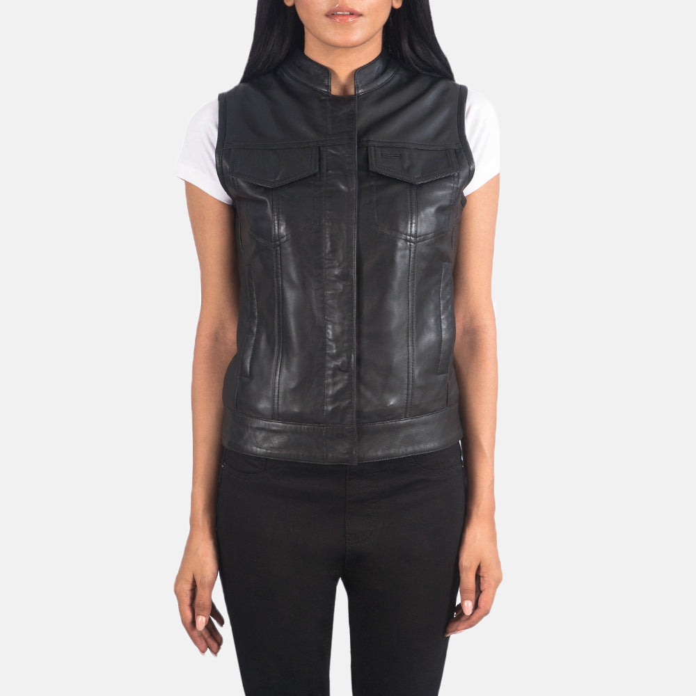 Women's Rayne Moto Black Leather Vest in Black Sheepskin Leather - Front Profile View & Tailored Silhouette | Buy Online