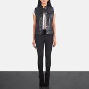 Women's Rayne Moto Black Leather Vest - Lateral Side Profile View Showing Sleeve Cut & Athletic Taper Fit