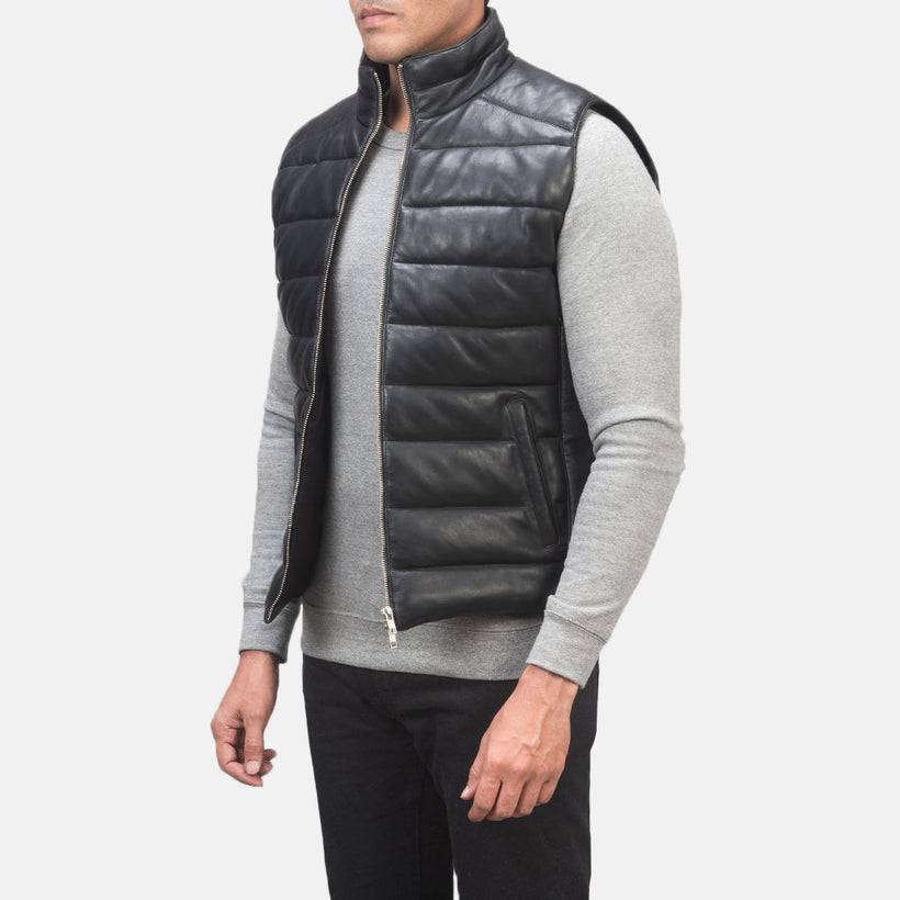 Reeves Noir Leather Puffer Vest pour Homme