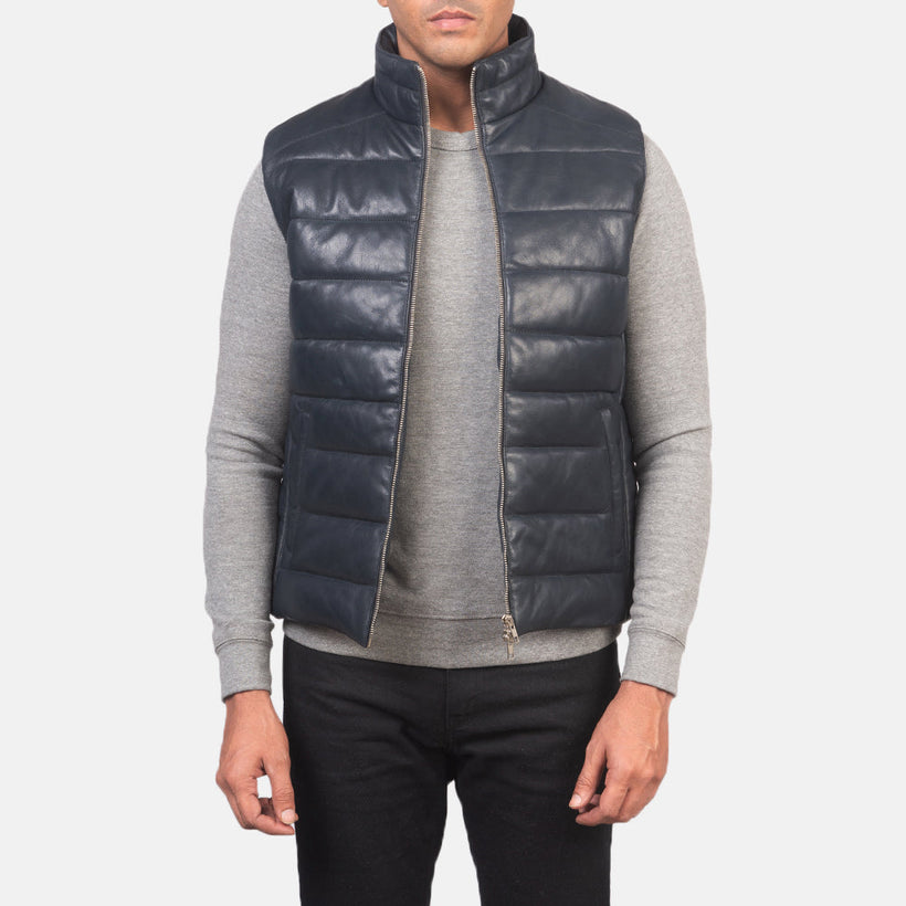 Reeves Bleu Leather Puffer Vest pour Homme