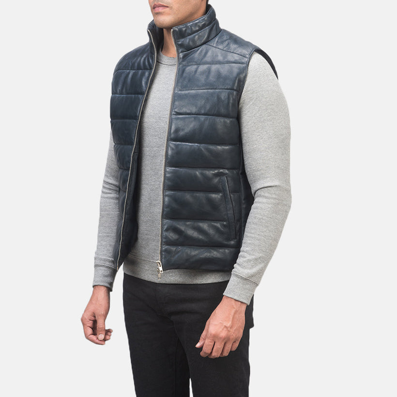 Reeves Bleu Leather Puffer Vest pour Homme