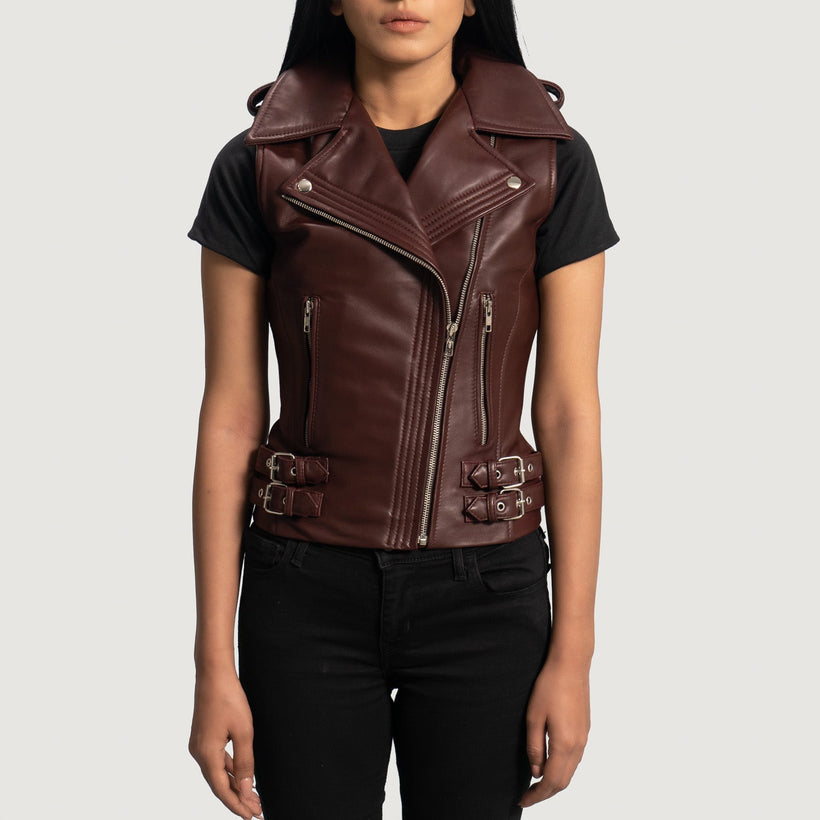 Rhonda Bordeaux Leather Biker Vest pour Femme