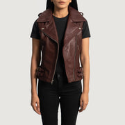 Maroon Sheepskin Leather Biker Jacket - Vue arrière montrant la carrure ajustée et l'ourlet net