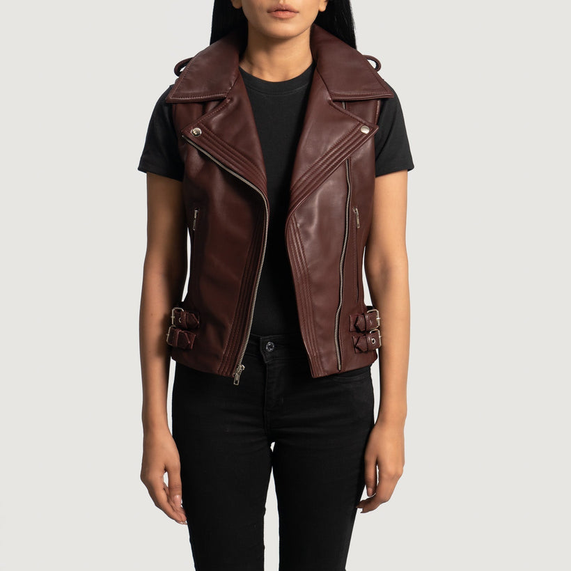 Rhonda Bordeaux Leather Biker Vest pour Femme