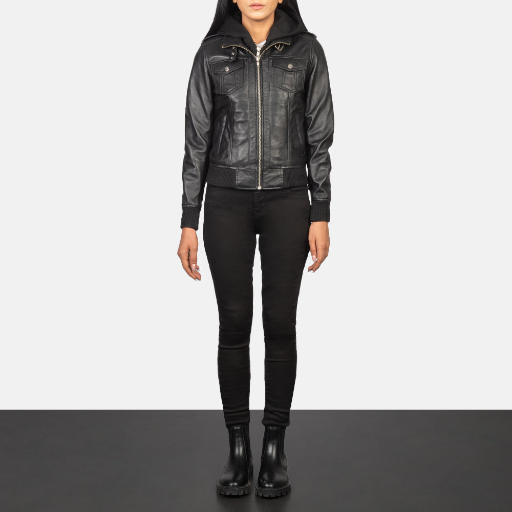 Roslyn Hooded Blouson Bomber en Cuir pour Femme – Vue produit alternative 3