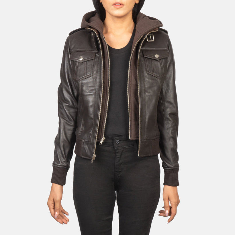 Roslyn Hooded Blouson Bomber en Cuir pour Femme
