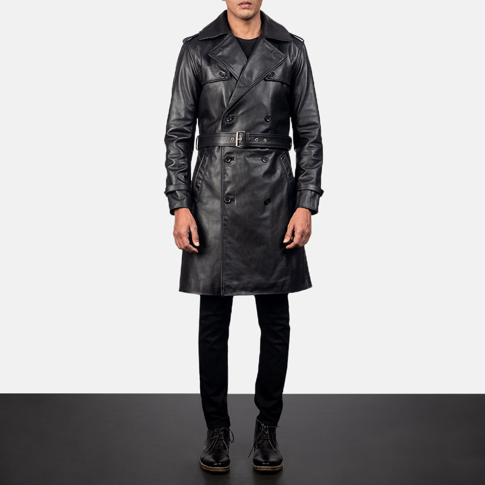 
Royson Noir Leather Duster Manteau en Cuir pour Homme in Black Cowhide Leather - Vue de face & silhouette ajustée | Acheter en ligne