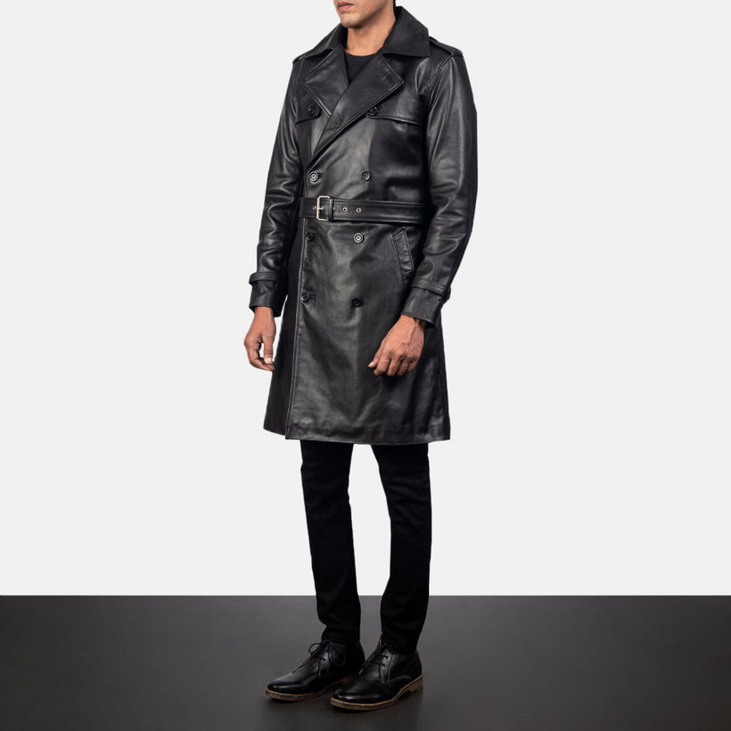 Royson Noir Leather Duster Manteau en Cuir pour Homme