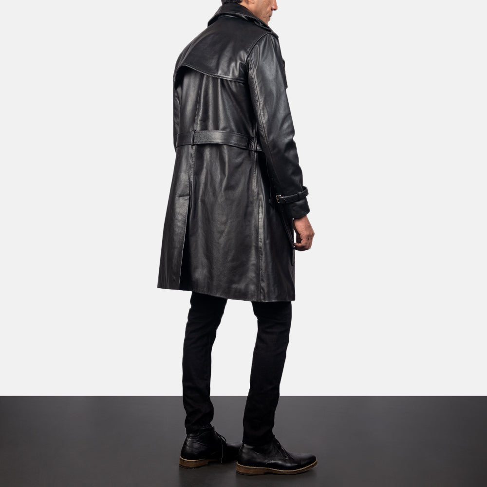 
Royson Noir Leather Duster Manteau en Cuir pour Homme - Vue de profil mettant en valeur la coupe de manche ergonomique