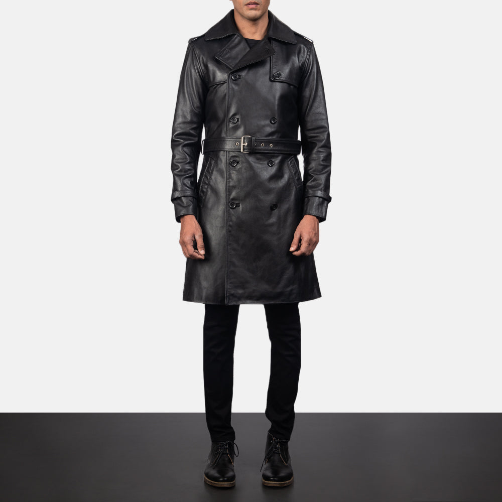 
Vue détaillée of Shirt & Heavy-Duty Zipper Hardware on Royson Noir Leather Duster Manteau en Cuir pour Homme
