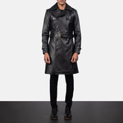 
Vue détaillée of Shirt & Heavy-Duty Zipper Hardware on Royson Noir Leather Duster Manteau en Cuir pour Homme