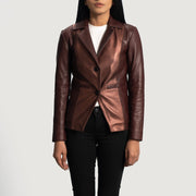 Women's Ruby Metallic Bordeaux Blazer en Cuir en Cuir pour Femme in Maroon Sheepskin Leather - Vue de face &amp; silhouette ajustée | Acheter en ligne